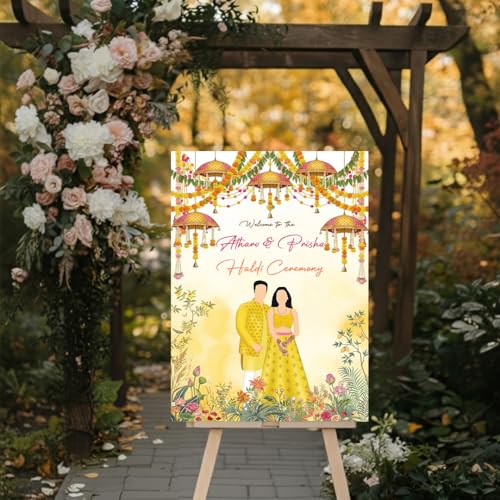 Party Perfect Designs Haldi Ceremony Welcome Board, Personalised Name & Date, Wedding Ubtan Decor, Multiple Design Variations 3mm and 5mm Thickness (Golden Amber)