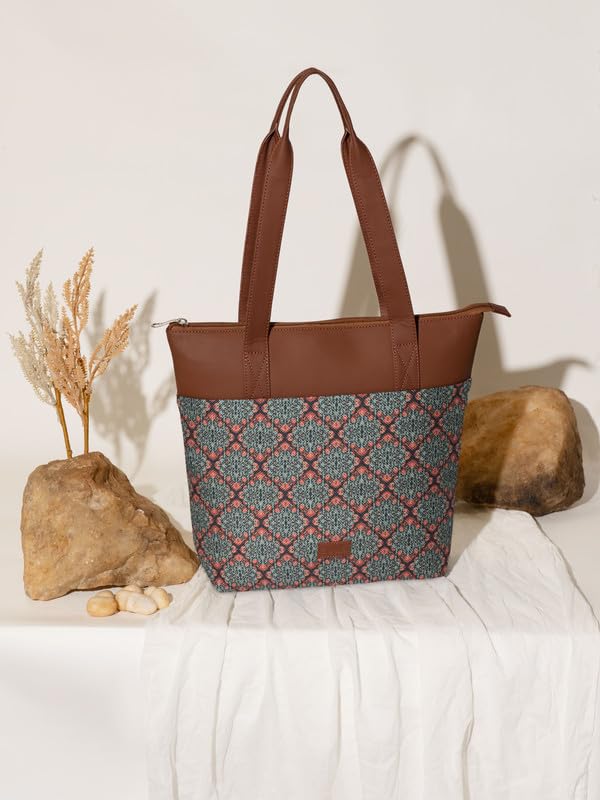 ZOUK Kolkata Nouveau Motif Printed Women's Jute Handcrafted Vegan Leather Multicolor Everyday Tote
