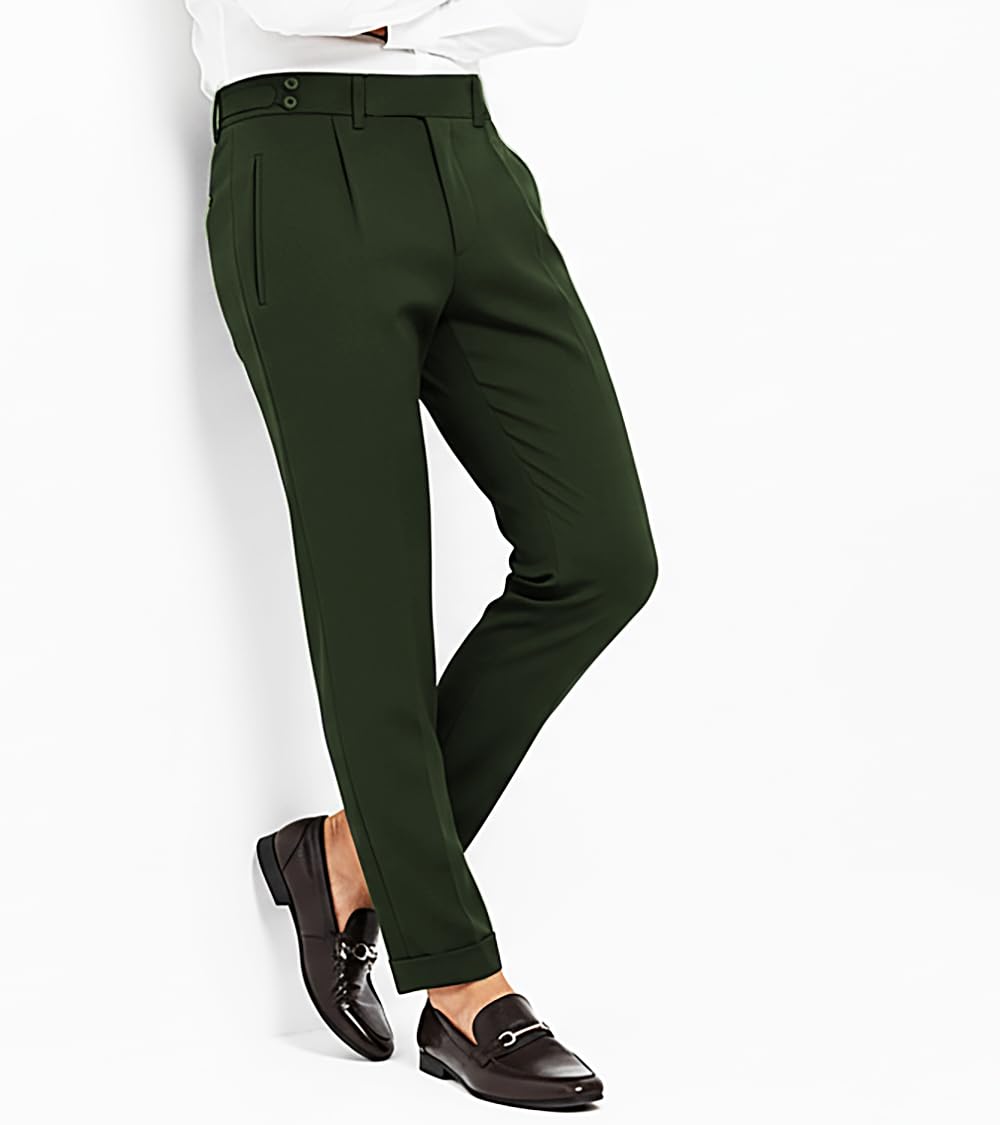 ATHRZ Formal Trousers, Tailored Fit, Belt Loops, Cuffed Hem Gurkha Pant (in, Numeric, 36, Regular, Olive)