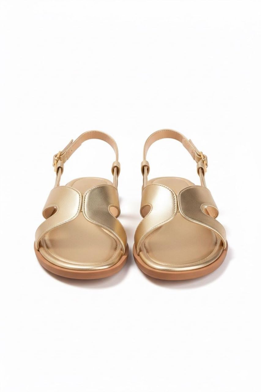 GLEMATOZ Women's Golden Flat Sandal Women & Girls Sandal Casual & Festive Comfortable Casual Stylish Summer & Party Footwear EU38