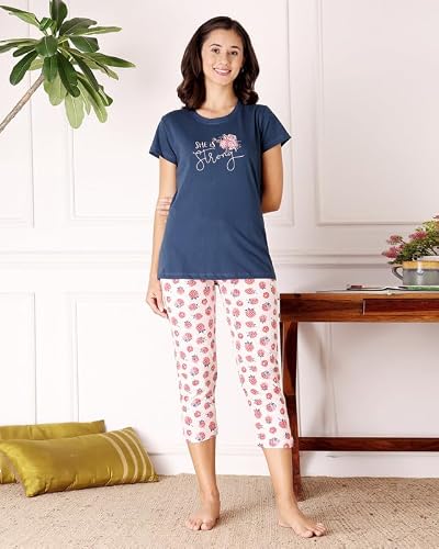 BODYCARE Women's Cotton Printed T-Shirt and Capri Set | Soft & Breathable Nightwear | Short Sleeves | Loungewear Co-Ord Set| BSCS16032_100 Multicolour