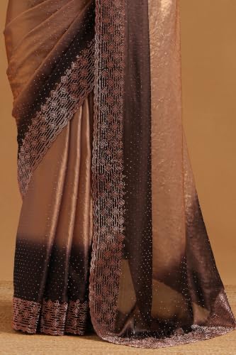 Soch Womens Brown Fendy Organza Ombre Stone Embellished Saree