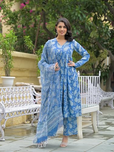 Divena Blue Cotton Paisley Printed Kurta Pant Set With Dupatta