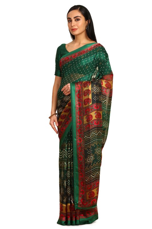 Soch Womens Green Chiffon Bandhani Print Saree