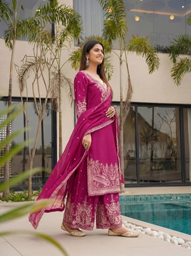 Leeli Peeri Designer Women's Chinon Silk Embroidery Kurta Sharara Set With Dupatta