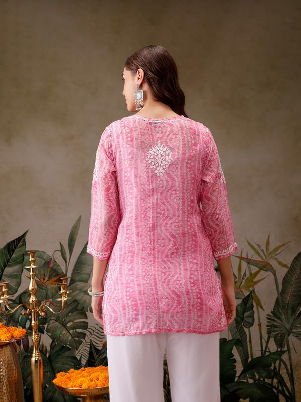 Ada Hand Embroidered Lucknowi Chikankari Printed Kota Doria Short Kurti Top Tunic with Slip for Women A911442 Pink (2XL)