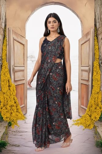 W for Woman Black Floral Printed Sequined Pre-Draped Georgette Saree with Blouse - (WS13896-127633-XL)