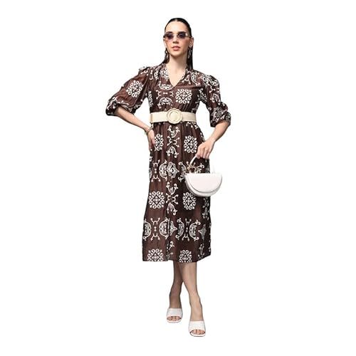 Kazo Cabo Midi Dress with Belt (Brown_XL)