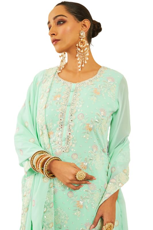 Soch Womens Sea Green Georgette Sequinned Embellished Suit Set with Tie-Ups