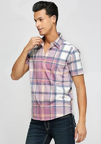Wear Your Opinion Plaid Checkered Washed Effect Knit Casual Half Shirt for Men | All Day Comfort | Orchid Checks Shirt (Orchid Pink, XXXX-Large)