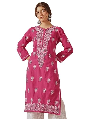 Ada Hand Embroidered Lucknowi Chikankari Cotton Kurti Kurta for Women A411775 Magenta (S)