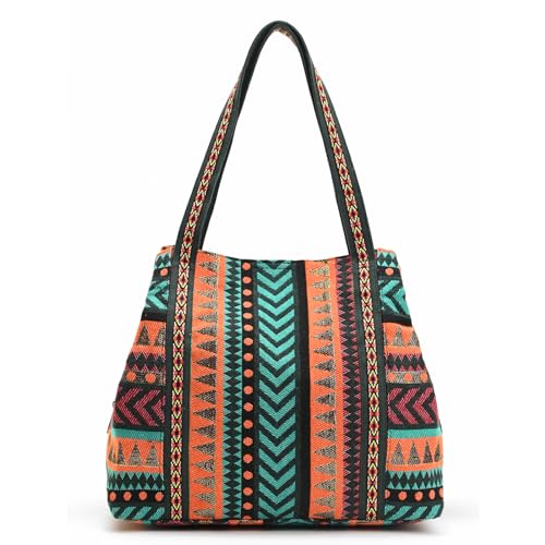 Boho Girl Women Multicolor Jacquard Fusion Tote (Green Multi)