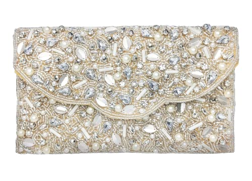 DUCHESS White Beads Crystal Handicraft Stunning Wedding Evening Party Clutch For Girls and Women's