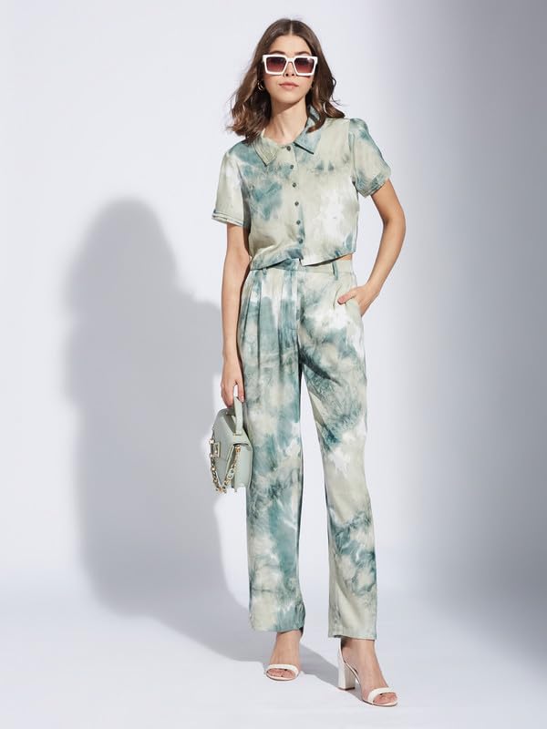 Latin Quarters Women Green Collar Neck Half Sleeve Printed Casual Shirt Blouse_M