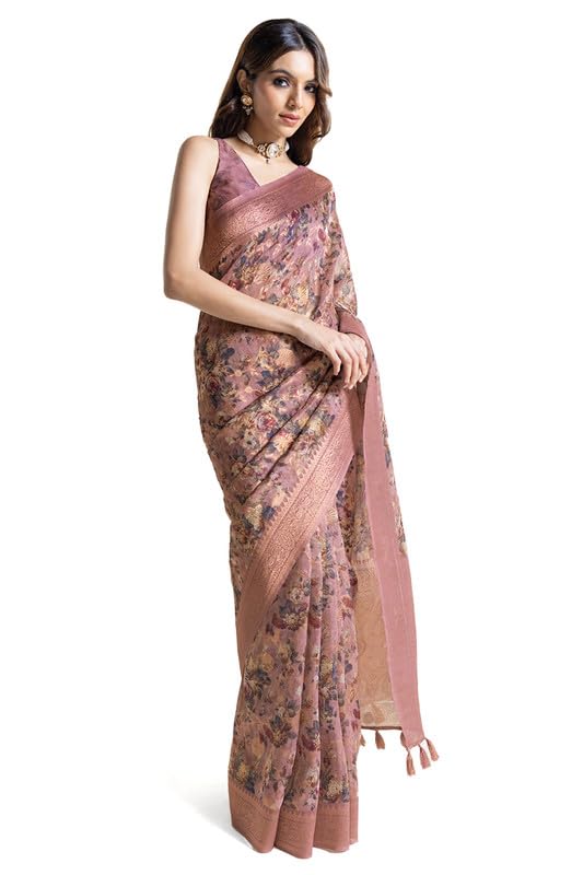 Soch Womens Earth Chanderi Floral Print Saree With Tassels