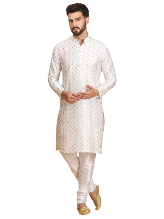 Ethluxis Men's Silk Blend Embroidered Regular Fit Kurta with White Churidar Set (46, White Multi)