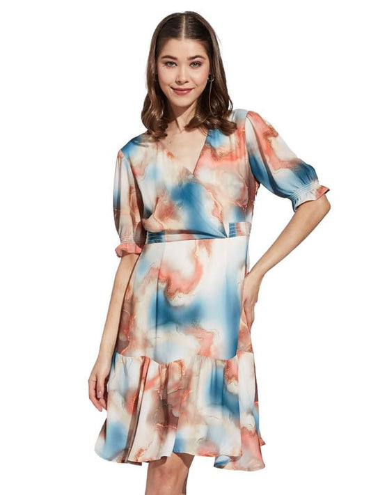 Latin Quarters Women Orange V-Neck Half Sleeve Printed A-Line Dress_M