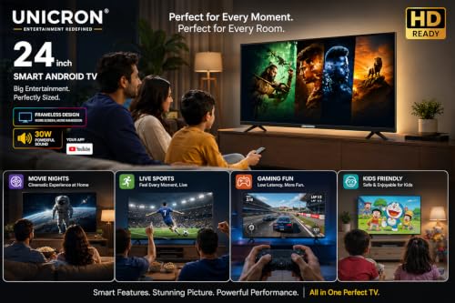 UNICRON 24”INCH Frameless HD Ready Android Smart LED TV | WiFi Enabled | Built-in Apps Compatible (YouTube, Netflix, Prime Video) | Screencast | HDMI, USB Connectivity | Black Screen