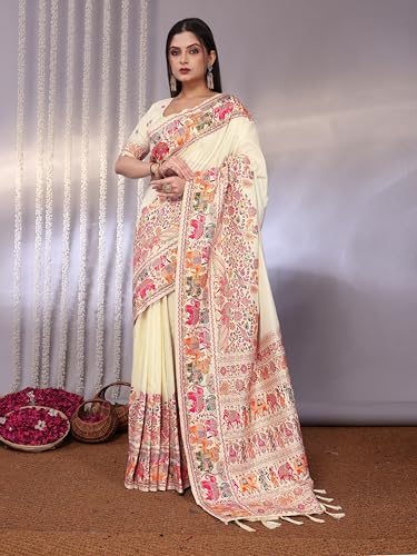 SWORNOF Women's Patola Silk Saree With Unstitched Boluse Piece (WHITE-2)
