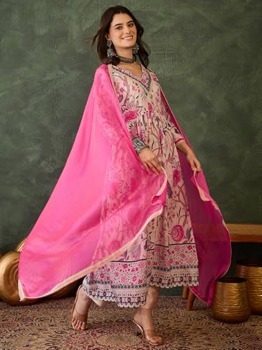 VARNI FABRIC Cotton Lining Kurta Set for Women | 3/4 Sleeves Floral Printed Woman Salwar Suit with Pant & Dupatta | Festive Wedding Ethnic Wear | Prefect for Office Summer | Cream | L