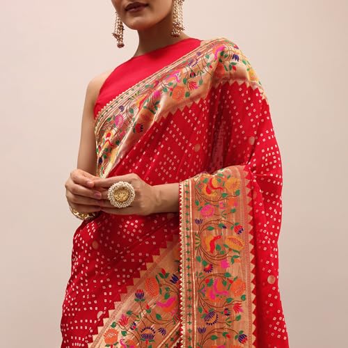 KALKI Fashion Red Bandhani Silk Saree With Unstitched Blouse Silk sarees for women Traditional Ethnic Wear Fashion Wear Wedding Collection Festive Saree Elegant Designer Saree