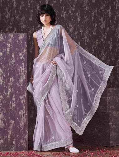 Womanista Women's Net Sequinned Saree (TI6563_Lavender)