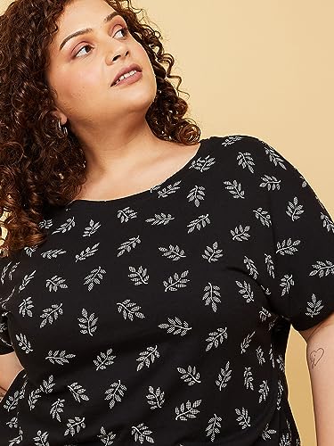 Max Women Plus Size Pure Cotton Printed Round Neck T-shirt (SP23ELITE03P_Black)