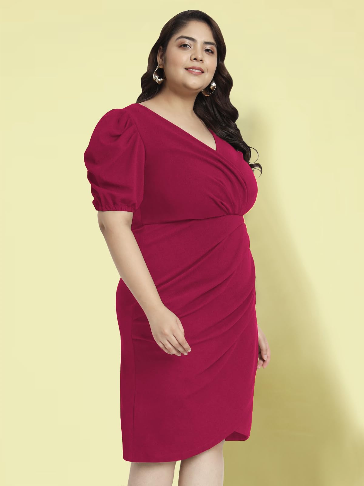 wild U Women Plus Size Bodycon Dress | Stretchable | Puff Sleeve | Knee Length | Western Stylish (Fuchsia Pink - 7XL)