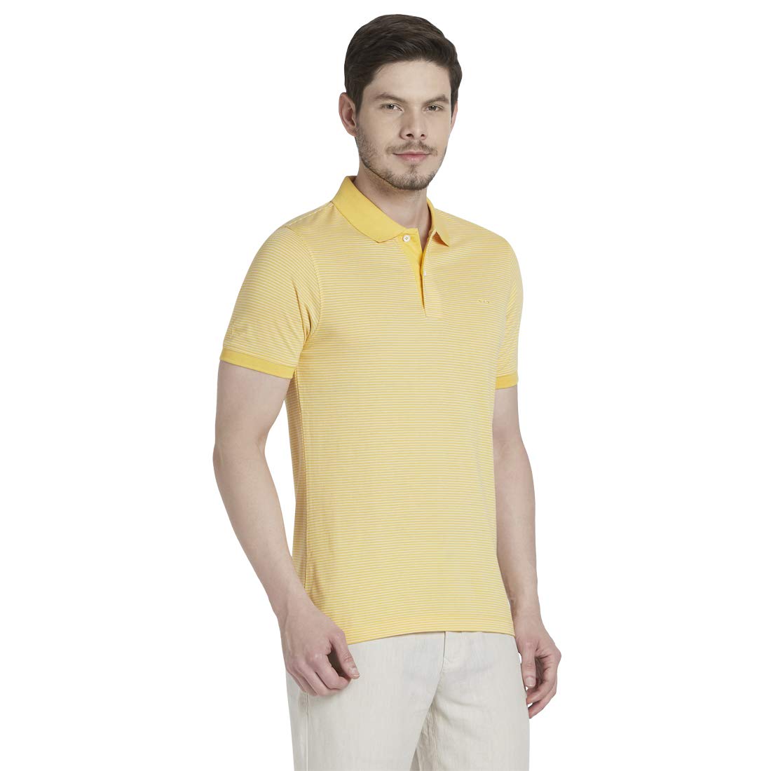 Colorplus Striped Medium Yellow Coloured Men's Cotton T-Shirt (Size:- S)