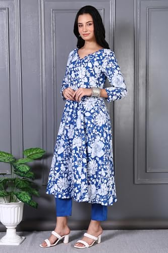 W for Woman Blue Floral Printed Lace Rayon Flared Kurta, Pants and Dupatta Set (Size: M)-WS13005-125923