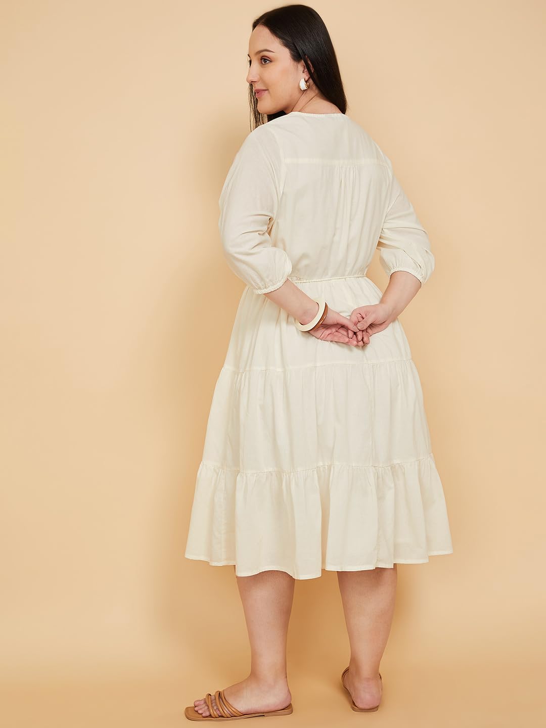 Max Women Embroidered Tiered Dress (Off White_6XL)