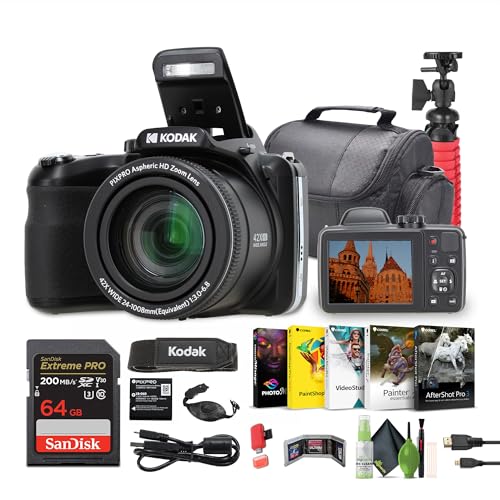 Kodak PIXPRO AZ425 20MP Vlogging Digital Camera (Black) 42X Optical Zoom, 24mm Wide Angle Lens Bundle with 64GB Memory Card + Vlogger Tripod + Bag + More Vlog Accessories