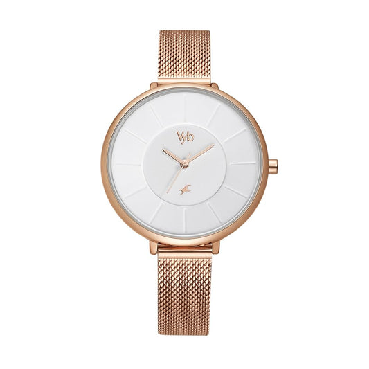 Fastrack Vyb Halo Quartz Analog White Dial Rose Gold Stainless Steel Strap Watch for Girls - FV60016WM01W