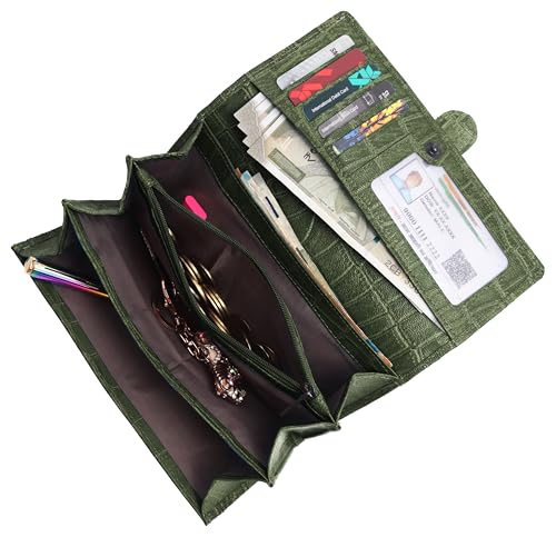 WildHorn Women’s Genuine Leather RFID Blocking Wallet | Tri-Fold High-Capacity Ladies Purse with Card Slots, Zipper Coin Pocket & Snap Closure | Ideal Gift for Women (Green Croc)