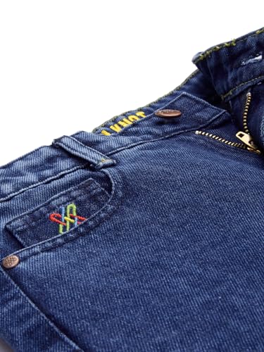 Knit N Knot Girls' Kids Premium Indigo Blue Wide Leg high Rise Flared fit, Relaxed Loose Ruptured Cloud Bottom Effect Jeans | Regular Casual Festival Occassional Wear | Non Stretch | Adjustable Waist