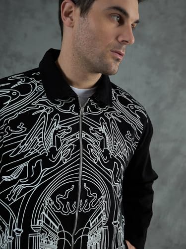 FUGAZEE Black Lineart Harrington Jacket for Men | Heavyweight Cotton Twill | Printed Lineart Design | Spread Collar | Zipped Closure | Lined Streetwear Bomber Jacket - S