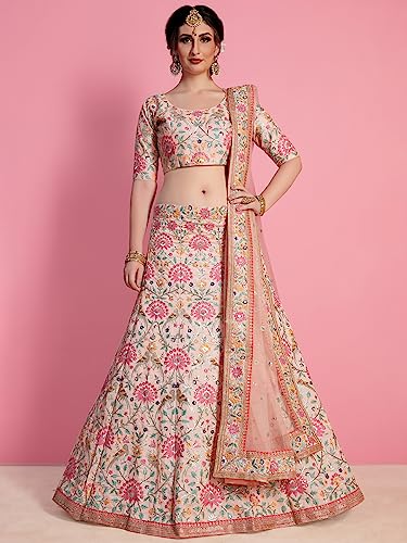 Zeel Clothing Womens Faux Silk Lehenga Choli Semi-Stitched Peach Free Size