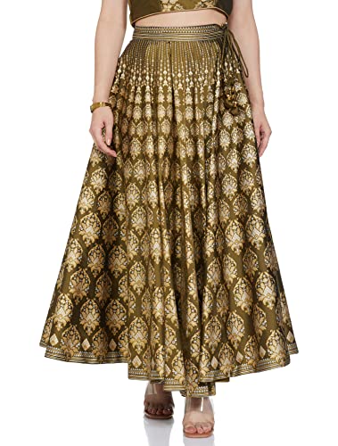 BIBA Women's Mehndi Art Silk Straight Kurta Lehenga Suit Set (Mehendi_XL)