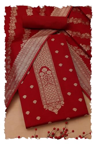 Soch Womens Maroon Russian Silk Zari Woven Unstitch Dress Material With Zari Woven