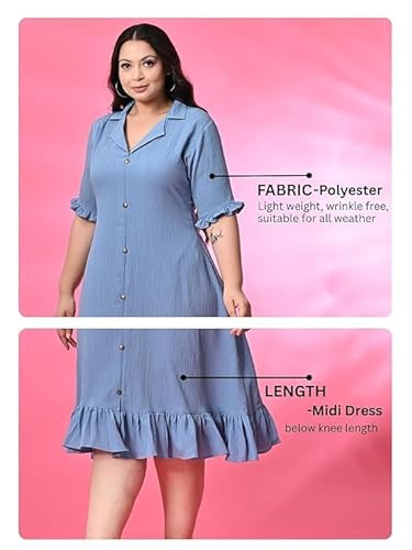 PrettyPlus by Desinoor.com Midi Dress for Women | Stylish Long Women Western Frock | Knee Length Crinkled Midi | Fit & Flare Solid Desk to Dinner Dress | Dresses for Girls | Vacation Outfit Sky Blue
