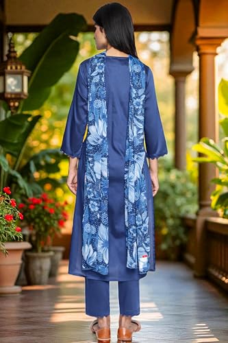 W for Woman Dark Blue Solid Printed A-Line Kurta, Straight Pant and Dupatta Set (Size: M)-WS13002-223894