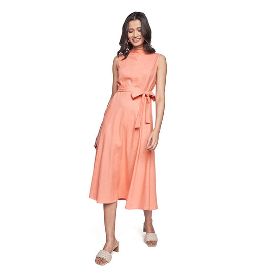 AND Women's Linen Fit Flare Calf Length Dress (EE22AB069DRLV_Peach_16)