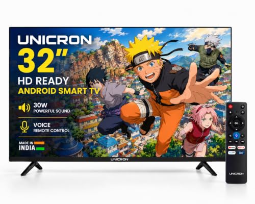 UNICRON 32 Inch Android Smart TV with Voice Control Remote Command, HD Ready LED Television with WiFi, 30W Sound Speaker with Premium Frameless Design, Built in Apps Compatible