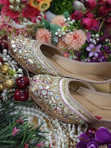 Fulkari Women Miraj Mirror Gold Formal Genuine Soft Leather Jutis | Bite and Pinch Free Juttis | Punjabi Jutti | Girl's Wedding Flat Ladies Mojari Ethnic Juti | 39