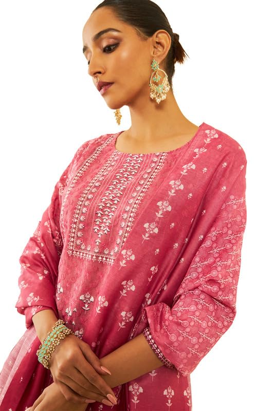 Soch Womens Onion Pink Cotton Blend Print With Embroidered Suit Set With Schiffli