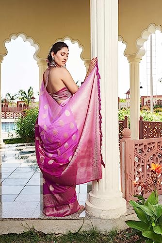 Women Banarasi Georgette Woven Work Half & Half Saree For Women With Gold Zari Border & Unstitched Blouse Piece Lilac Sari Mahika, 674