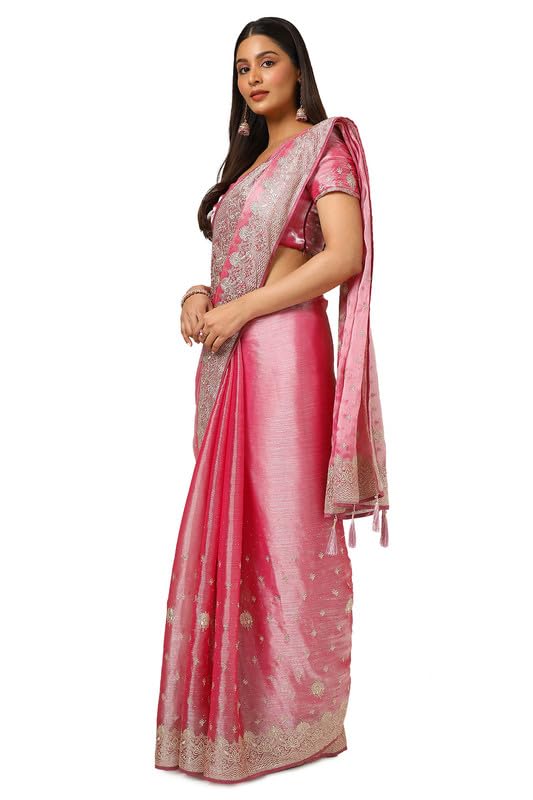 Soch Womens Onion Pink Organza Embroidered Saree With Stone Work