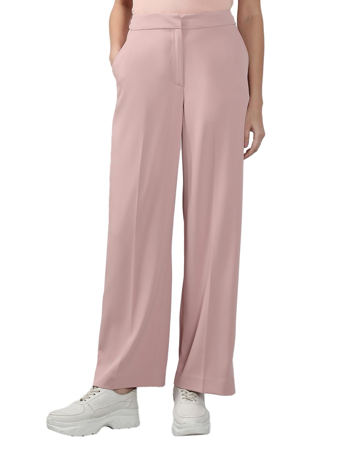 VERO MODA Women's Straight Fit High Rise Pink Pants