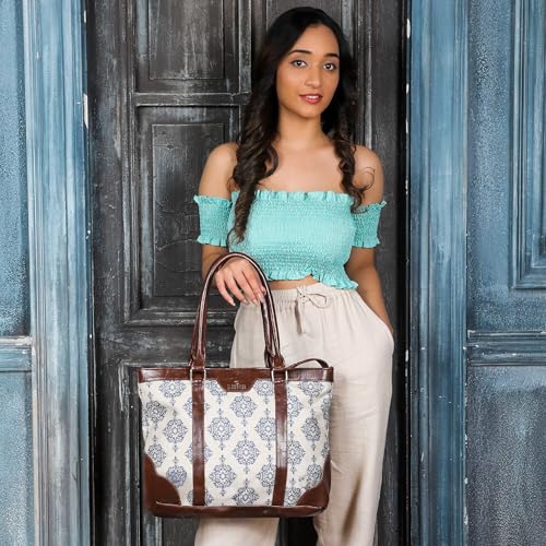 THE CLOWNFISH Miranda Series 15.6 inch Laptop Bag For Women Printed Handicraft Fabric & Faux Leather Office Bag Briefcase Hand Messenger bag Tote Shoulder Bag (Off White)