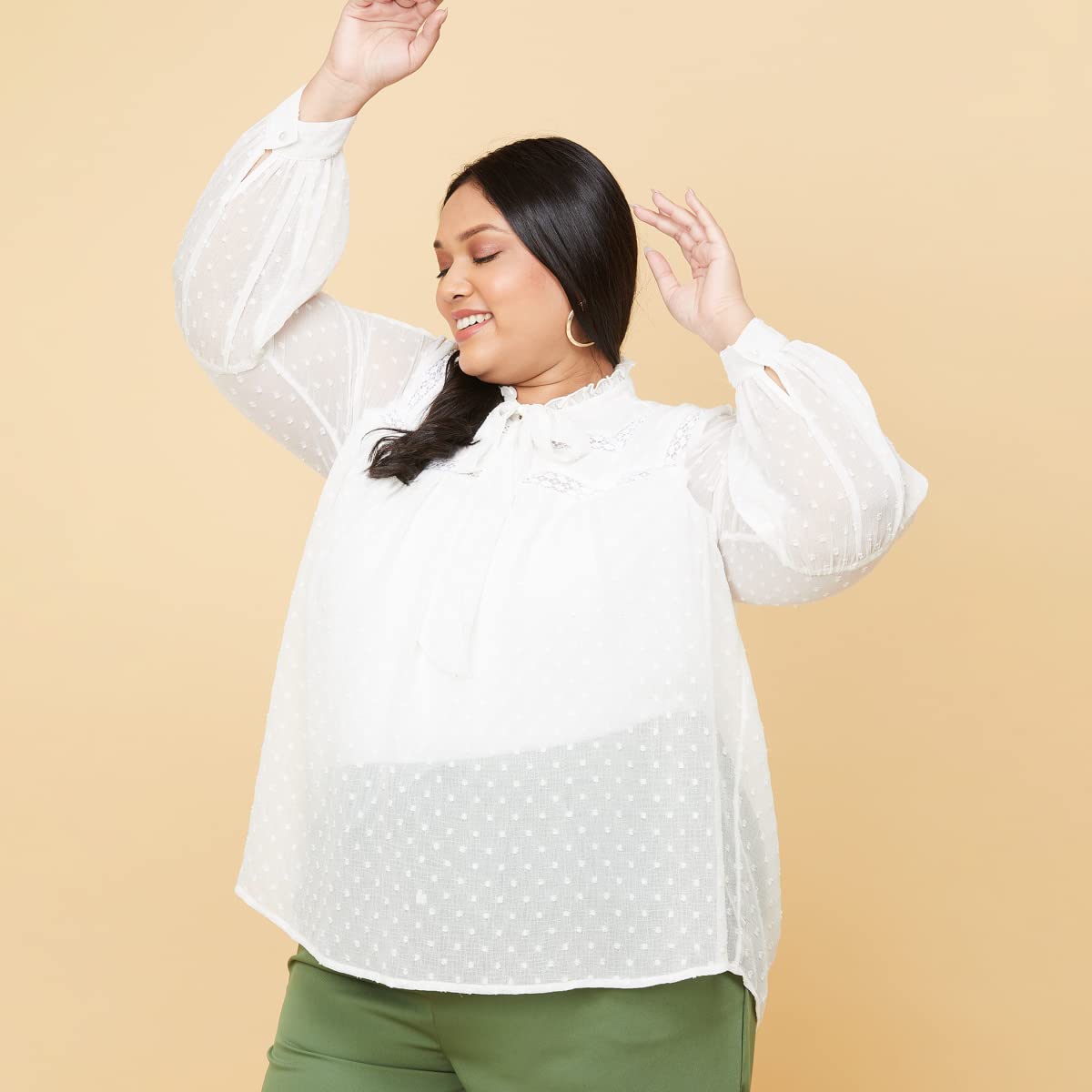 Max Plus Size Women Textured Tie-Up Neck Top (PWVN2509_Ivory2 6XL)